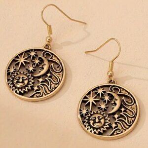 Vintage Boho Hippie Style  18k Gold Plated Sun Moon and Stars Dangle Earrings